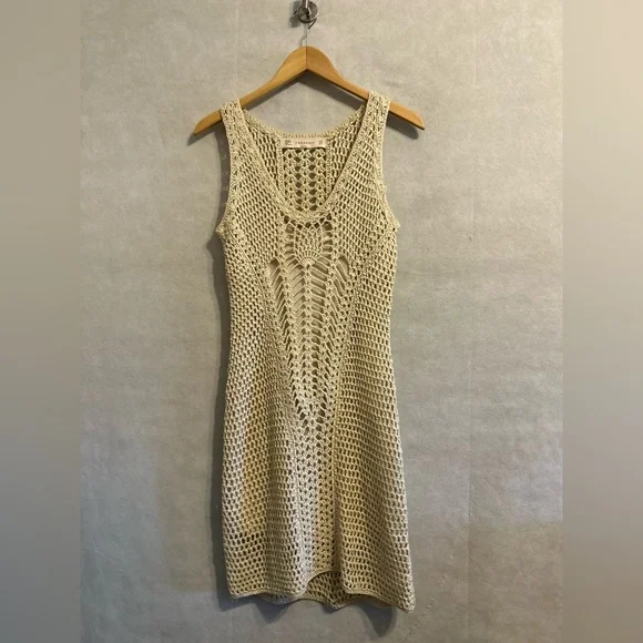 Zara knit crochet sleeveless beach resort wear mini femenine dress SZ M tan boho - Picture 6 of 10